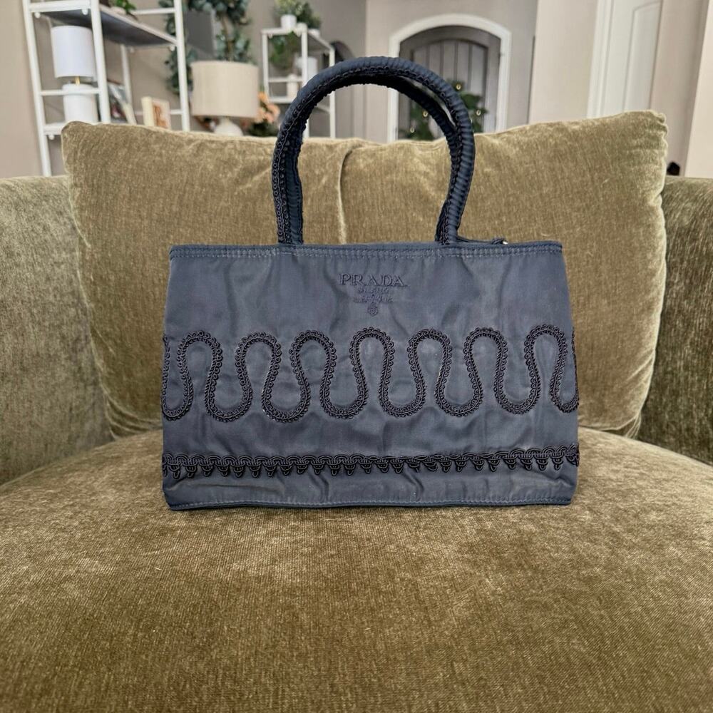 Rare Vintage Prada Nylon Embroidered Tote, Navy
